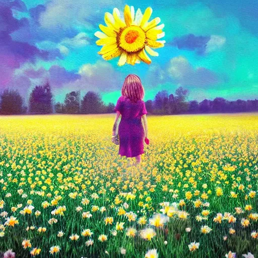 Image similar to daisy flower as a face, girl walking in flower field, holding daisy, surreal photography, sunrise, impressionist painting, colorful clouds, digital painting, artstation, simon stalenhag, flower face