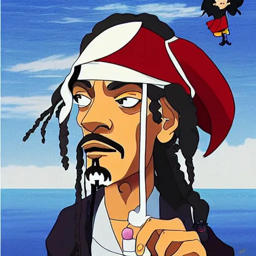 Image similar to Snoop Dogg as a Captain Jack Sparrow, Anime poster, in hayao Miyazaki style, studio Ghibli