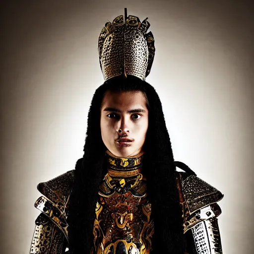 Prompt: a portrait of a beautiful young mexican male wearing an alexander mcqueen armor made of amethist , photographed by andrew thomas huang, artistic