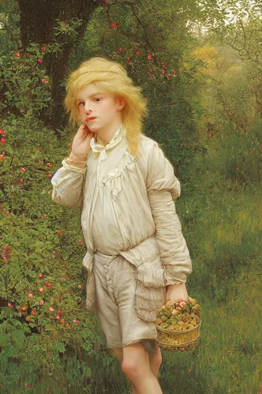 Prompt: wide - shot, 1 2 years old very cute boy with shoulders - length! wavy! blond yellowish hair, wearing clothes of 1 8 th century, in the wild garden with apple trees, moss and vines, highly detailed, digital art, oil painting, masterpiece, by greg rutkowski, by mucha, by kinkade