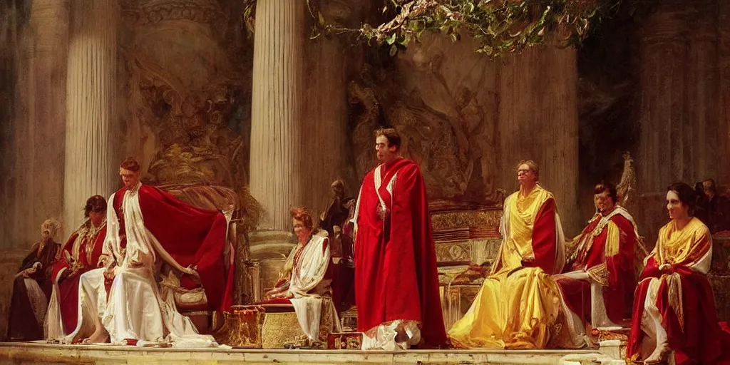 Image similar to beautiful oil painting, steve buscemi in royal crimson robes enthroned as the god emperor of ancient rome a golden wreath upon his head, by anders zorn, wonderful masterpiece by greg rutkowski, beautiful cinematic light, american romanticism, by thomas lawrence, greg rutkowski