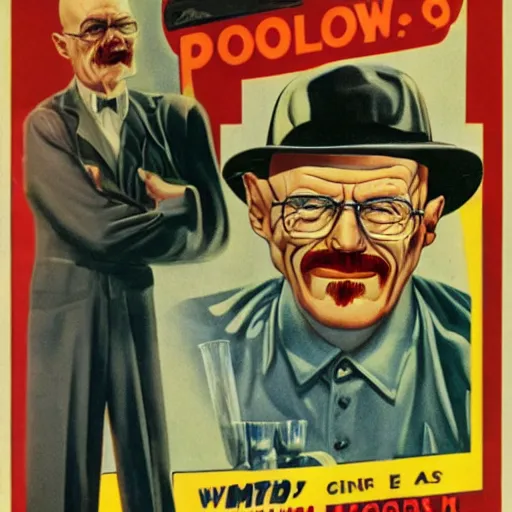 Image similar to creepy walter white with a scary comically large smile, 1940's scare tactic propaganda art