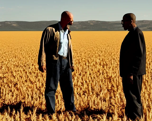 Image similar to extreme long shot of walter white and gustavo fring stand facing each other from a distance in a wheat field, low angle, side view, 3 5 mm photograph, 8 k resolution, wide shot, sharp lens