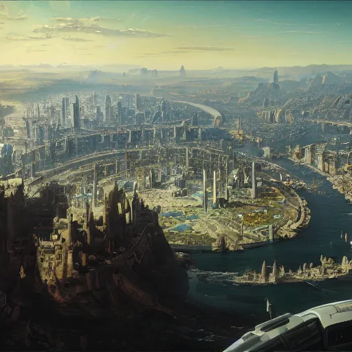 Image similar to a vast planetary sci-fi city by Ansel Adams and Bernardo Bellotto, oil on canvas, artstation, dramatic scenery, masterpiece, aesthetic