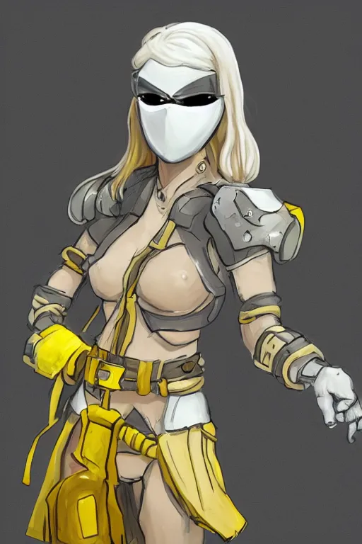 Image similar to female adventurer in tight full - body soft yellow sticky note armor and a white porcelain crow mask, trending in artstation, japanese, artstation, establishing shot