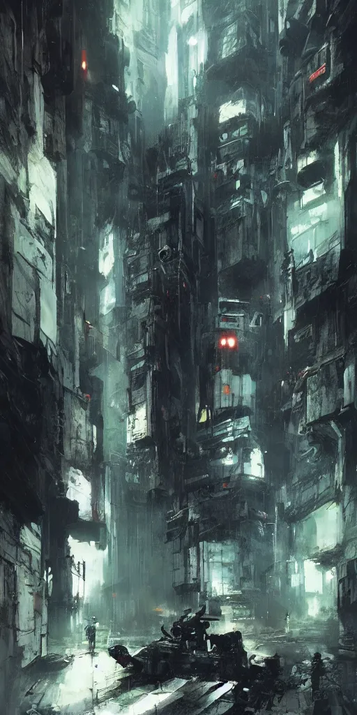 Image similar to the entrance of a stronghold located in the middle of a sci - fi city painted by ashley wood and phil hale, blade runner, masterpiece, award - winning, sharp focus, intricate concept art, ambient lighting, 8 k, artstation, pixiv