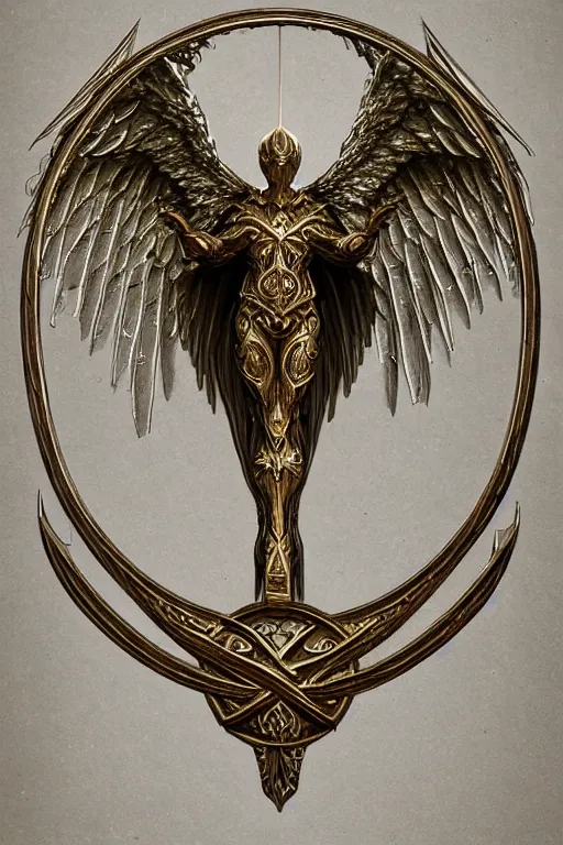 Prompt: Old alchemic symbol of archangel Gabriel. Symbol made out of metal. Cooper lining ,intricate, elegant, highly detailed, digital painting, artstation, concept art, smooth, sharp focus, illustration, art by Ilja Repin