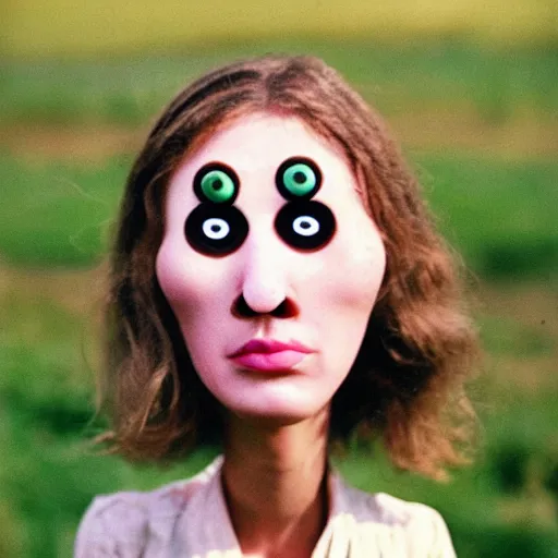 Image similar to beautiful woman with a long plasticine nose, wearing eyeballs on her head, in the countryside 1974 arthouse film, archival footage, technicolor film expired film