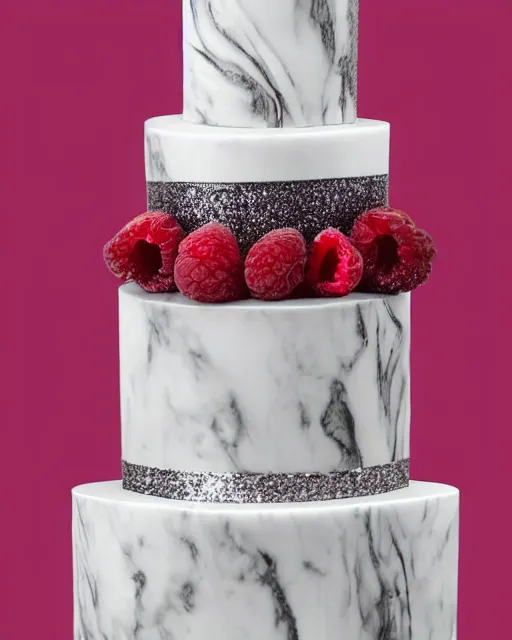 Prompt: elegant marble raspberry wedding cake dripping fondant, stylized, sparkling, glitter, gilding, ornate, sylvain sarrailh, artstation