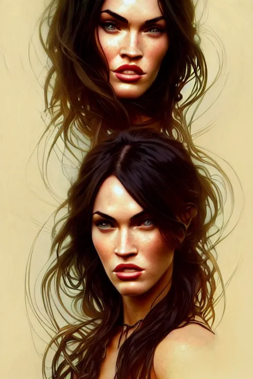 Image similar to portrait of megan fox kissing other woman, intricate, headshot, highly detailed, digital painting, artstation, concept art, sharp focus, cinematic lighting, illustration, art by artgerm and greg rutkowski, alphonse mucha, cgsociety