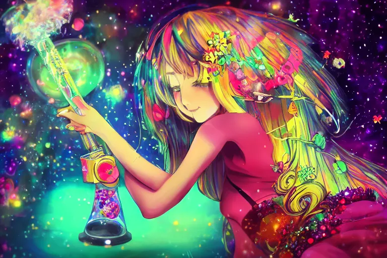 Image similar to psychedelic, whimsical, anime, 4k, beautiful lusty woman smoking a bong, with professional makeup, long trippy hair, a crystal and flower dress, sitting on a reflective pool, surrounded by gems, underneath the stars, rainbow fireflies, trending on patreon, deviantart, twitter, artstation, volumetric lighting, heavy contrast, art style of Ross Tran and Miho Hirano and Ilya Kuvshinov