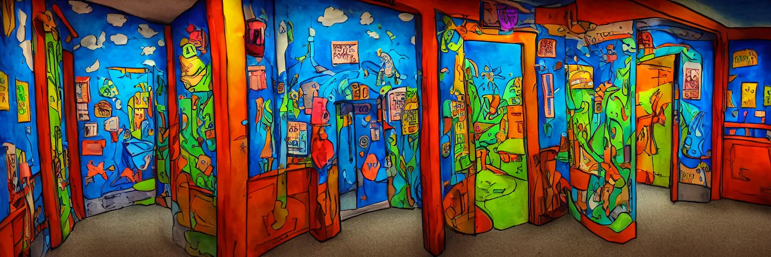 Prompt: theatre access corridor background, 3 doors, fish eye, day of the tentacle, color, vibrant, clay art