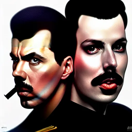 Prompt: wide - angle shot of egor letov and freddy mercury, photorealistic, highly detailed, digital art, by artgerm, 4 k