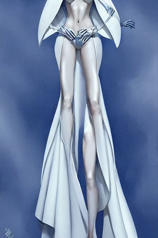 Image similar to detailed beautiful noun in opened white gold blue coat, seductive confident pose, attractive feminine curves, intricate details, futuristic, alien, elegant cape, elegant, photorealism, trending on artstation, holy halo, advanced technology, art by moebius and vitaly bulgarov and chanthara