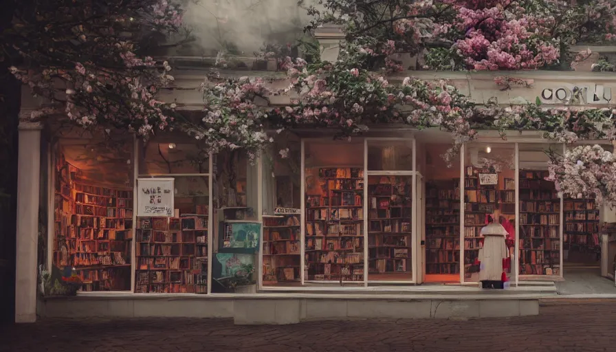 Prompt: a Wes Anderson 35mm film still of a very surreal magic bookshop with a minuature mountain city inside , apothecary, botanical garden, falling cherry blossom pedals, in the style of Gucci, glowing lights and floating lanterns, foggy atmosphere, crystals, rainy, moody, muted colors, magic details, very detailed, 8k, cinematic look, octane render, psychedelic,