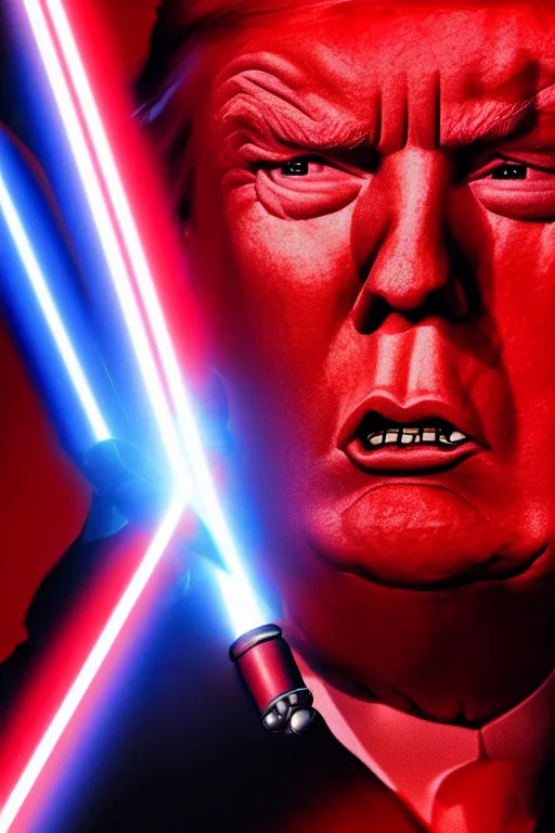 Prompt: Donald Trump as a Sith from Star Wars, red light saber, realistic portrait, symmetrical, highly detailed, cinematic lighting