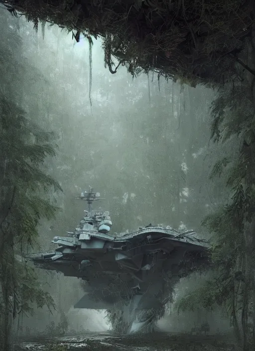 Image similar to the aircraft carrier USS Nimitz overgrown with vegetation laying on the ground of a tropical forest, post appocalyptic, by Luis Royo, by Greg Rutkowski, dark, gritty, intricate, cover illustration, concept art, volumetric lighting, volumetric atmosphere, sharp focus, octane render, trending on artstation, 8k