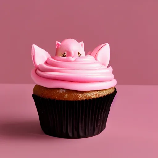 Prompt: a delicious looking pink cat cupcake, advertised in a winning food magazine, studio product lighting, presented on a light red pastel colored background