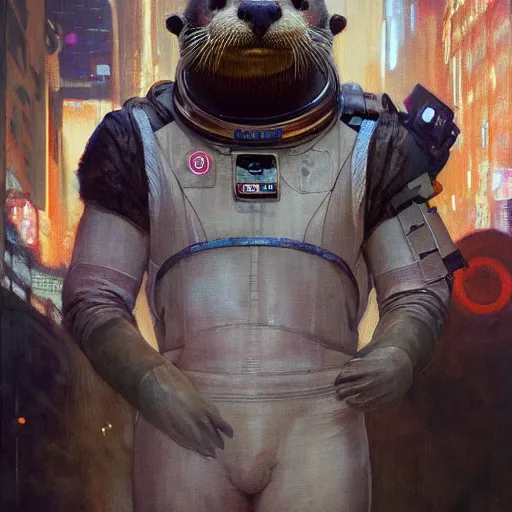 Image similar to hyperrealistic portrait of an athropomorphic otter wearing an astronaut outfit, bladerunner street, art of elysium by jeremy mann and alphonse mucha, fantasy art, photo realistic, dynamic lighting, artstation, poster, volumetric lighting, very detailed face, 4 k, award winning, cinematic lighting