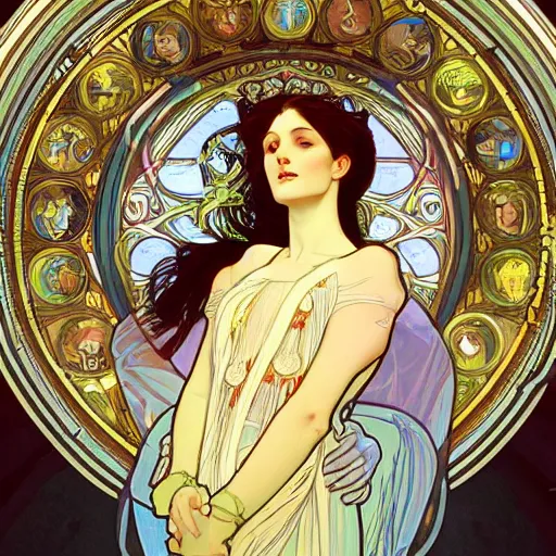Prompt: a Portrait of A goddess in a church with a holy light emanating from her body by alphonse mucha and wlop,In style of digital art illustration.hyper detailed,smooth, sharp focus,trending on artstation,4k