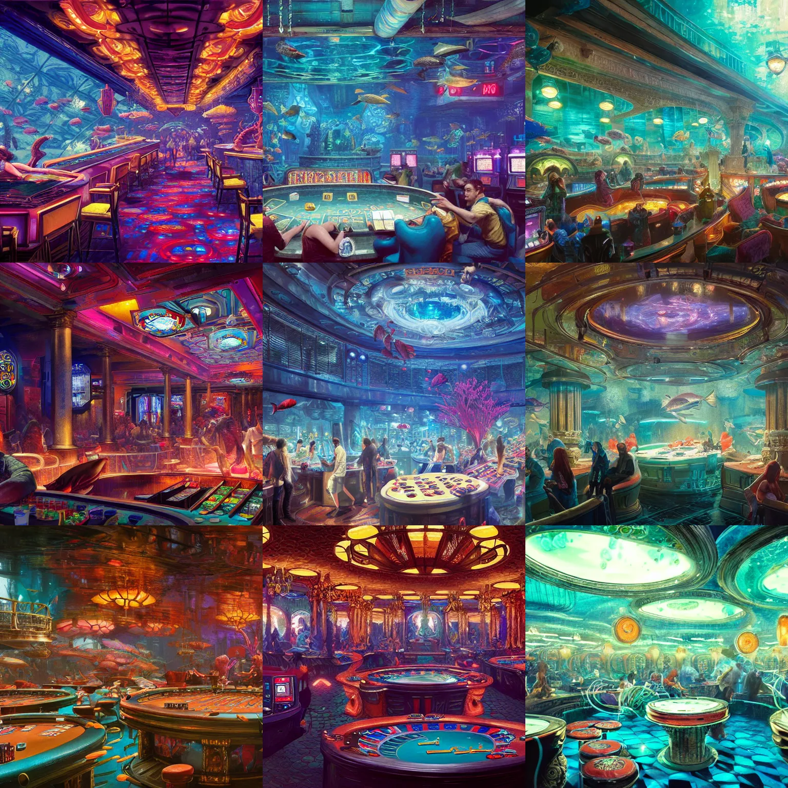Prompt: photo of an underwater casino interior, highly detailed, digital art, crowded, vibrant, luminescent, art by artgermd and greg rutkowski and magali villeneuve