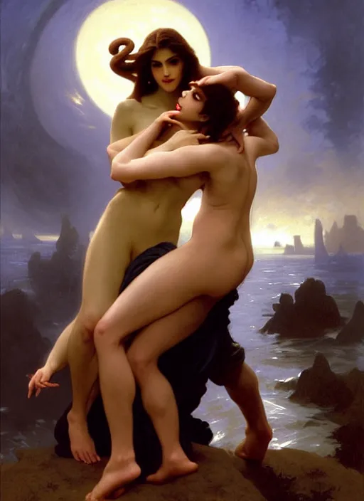 Image similar to mills and boon romance novel cover with cthulhu!! and eva mendes, they are in love, by william - adolphe bouguereau, john singer sargent, digital painting, artstation, concept art, smooth, sharp focus, warm lighting,