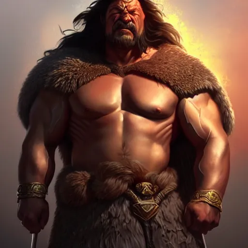 Prompt: richard herring is an incredibly muscular barbarian king looking at you with anger from his throne, highly detailed, digital painting, artstation, sharp focus, illustration, art by artgerm and irakli nadar and greg rutkowski and alphonse mucha