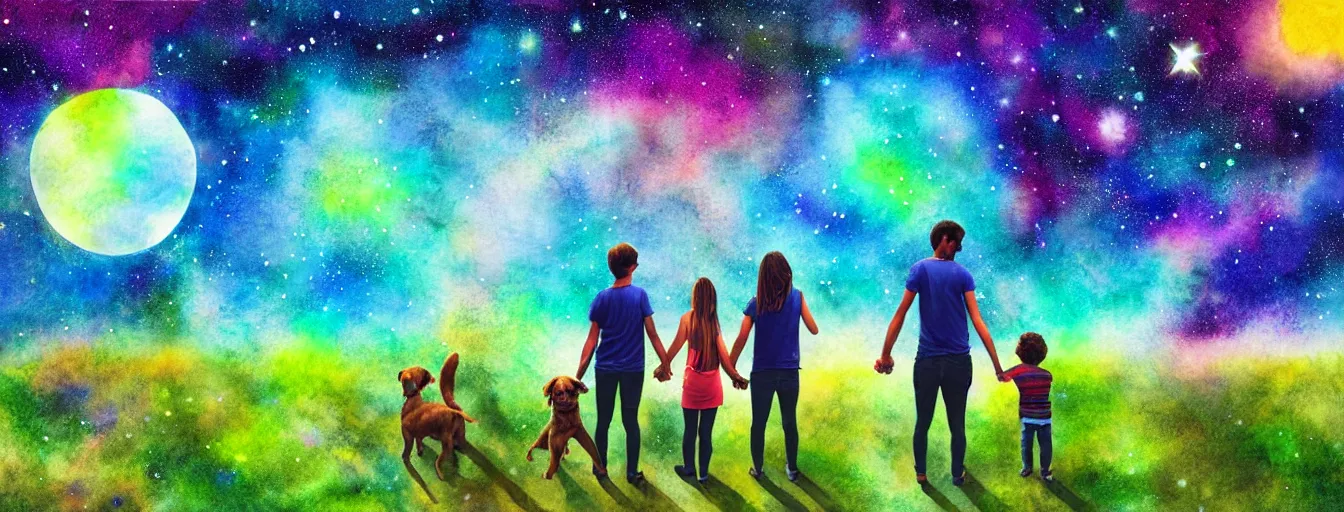 Image similar to rear view of a young couple and a kid standing in a small green planet, holding hands and a dog sitting next to them, looking to the night sky displaying an entire colorful universe, digital art, epic, colorful, highly detailed, watercolor