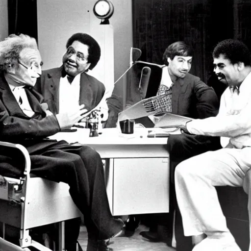 Prompt: Photo of Albert Einstein, Stephen Hawking, Carl Sagan and Neil Degrasse Tyson discussing the origin of the universe