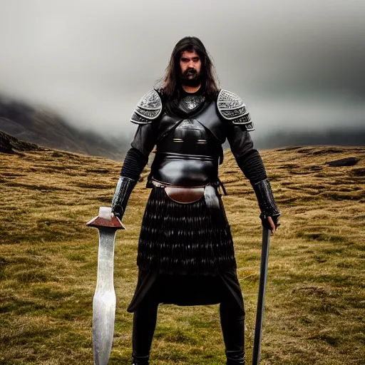 Image similar to a long shot, high quality dslr photo of a tall and muscular man with long black hair in authentic 1 4 th - century armor standing holding a claymore sword. tough and stoic looking. dramatic and cinematic lighting. golden hour. foggy and atmospheric. ben nevis the scottish mountain is in the background. epic and heroic tone. editorial award winning photograph.