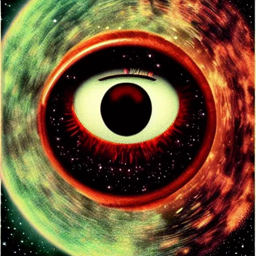 Image similar to creepy eyeball watching over the universe, movie poster,