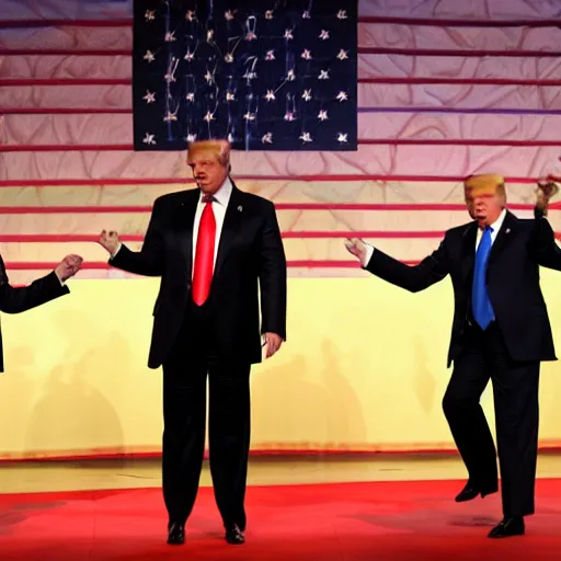 Prompt: photo of a vladimir putin, donald trump and ron desantis dancing a congo line on stage at cpac,