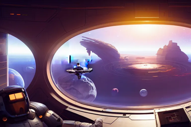 Prompt: interior of space base in orbit with a huge window, on the window you can see the planet below clearly, the planet is warm with canyons, sharp focus, concept art, very detailed, very realistic, trending on artstation, in the style of star citizen, star wars, overwatch, elite dangerous, beautiful, sci fi, unreal engine,