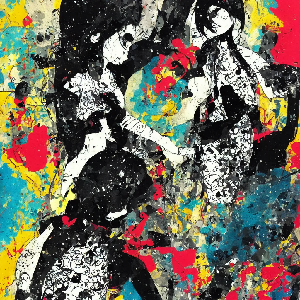 Image similar to girl figure, abstract, jet set radio artwork, ryuta ueda artwork, cryptic, rips, spots, asymmetry, stipple, lines, glitches, color tearing, pitch bending, stripes, dark, ominous, eerie, hearts, minimal, points, otomo katsuhiro artwork, technical, natsumi mukai artwrok, folds