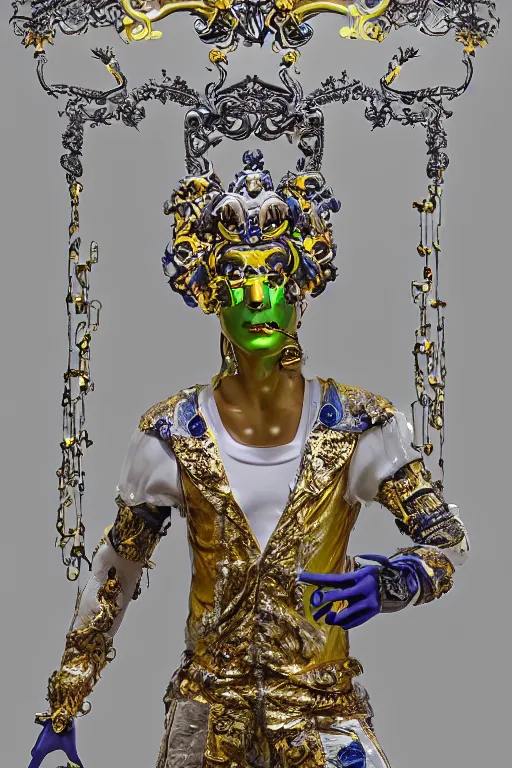 Image similar to full-body neon porcelain bladerunner and rococo style sculpture of a young handsome Cuban prince wearing retro shades and a gold chain, half android face, porcelain chest opening exposing circuitry and electric sparks, glowing laser beam eyes, crown of giant diamonds, flowing neon-colored silk, fabric, raptors. baroque elements. full-length view. baroque element. intricate artwork by caravaggio. many many birds birds on background. Trending on artstation, octane render, cinematic lighting from the right, hyper realism, octane render, 8k, depth of field, 3D