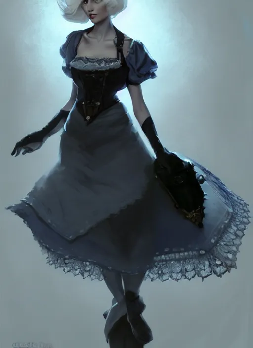 Prompt: dnd character concept art by craig mullins and tom bagshaw of full body!! illustration of a beautiful platinum blonde victorian maid. beautiful slender face, playful updo, big blue eyes, fine pointy chin, slender nose, high cheek bones, soft lips. maid in a black dress with white apron. lace, embroidery, leather, studs.