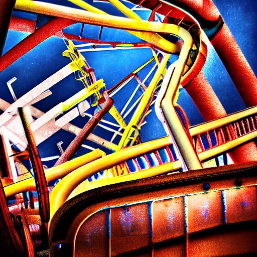 Prompt: a photograph of a broken rollercoaster, digital art