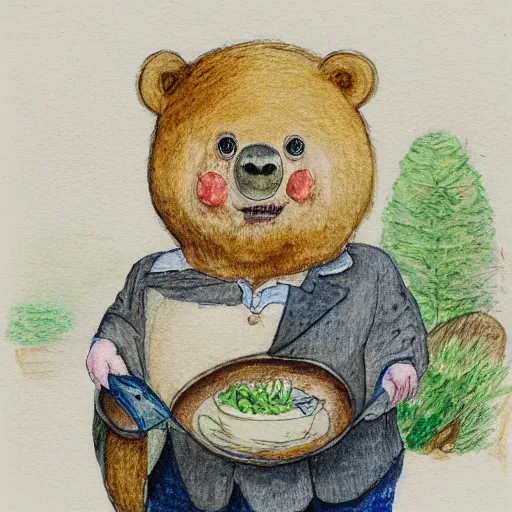 Image similar to a grumpy human man wearing a bear costume, holding a goldfish bowl. watercolour with pencil, in the style of beatrix potter.