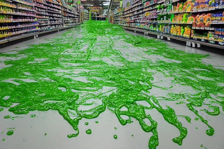 Prompt: rivers of green nickelodeon slime running down the aisles of walmart