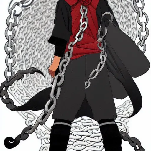 Image similar to A FULL BODY PORTRAIT FROM BEHIND OF MADARA UCHIHA ,THE MAN KEEPS A KUSARIGAMA AND IT IS WRAPPED IN CHAINS ,detailed, concept art, ink style , sketch