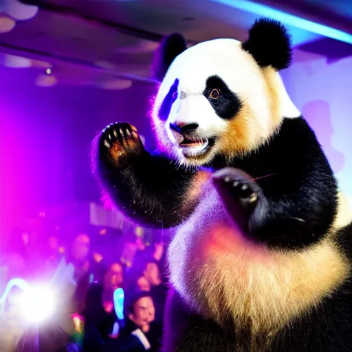 Image similar to panda dancing at an eletronic party