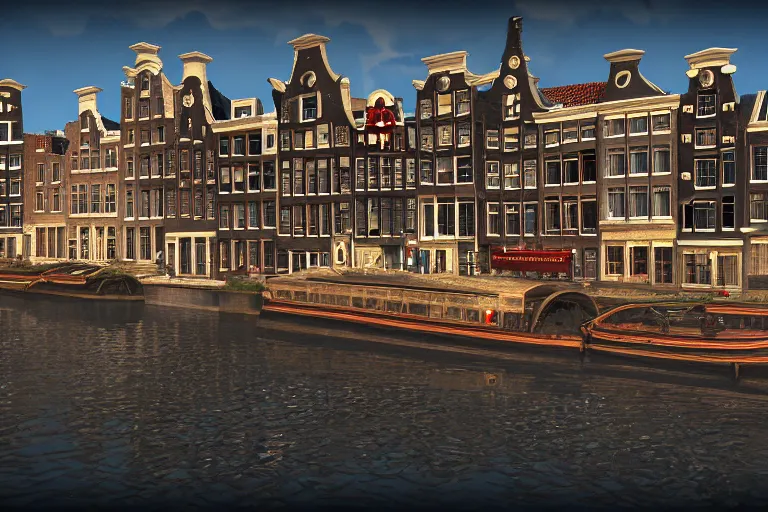 Prompt: a beautiful promotional screenshot of amsterdam in the video game assassins creed. 3 render, unreal engine,