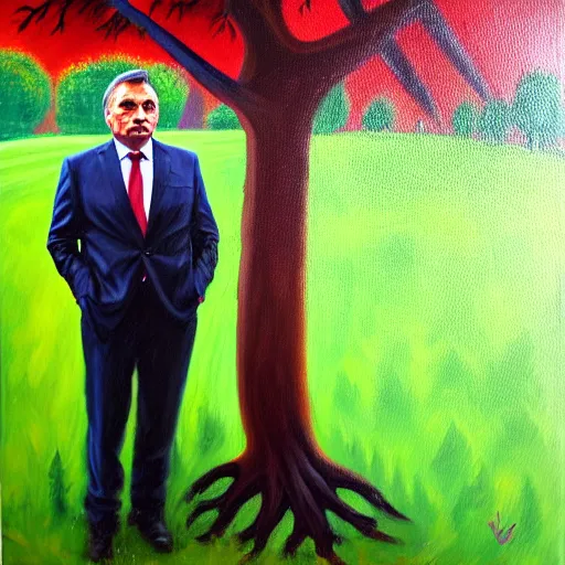 Image similar to viktor orban protecting a tree, oil painting