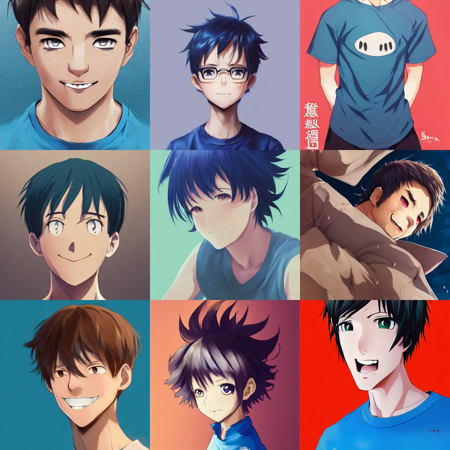 Prompt: A medium shot anime portrait of a happy anime man with extremely short walnut hair and blue eyes, wearing a t-shirt, short hair on top of his head, solid background, by Stanley Artgerm Lau, WLOP, Rossdraws, James Jean, Andrei Riabovitchev, Marc Simonetti, and Sakimi chan, trending on artstation