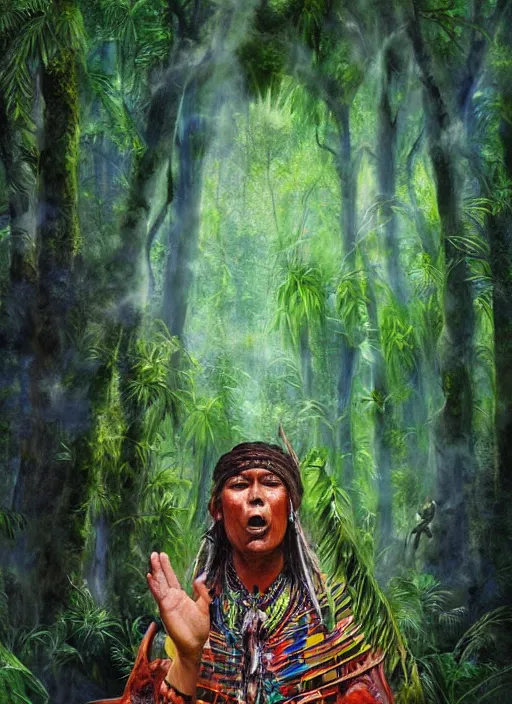 Image similar to a beautiful painted portrait of an indigenous shaman chanting in the jungle, matte painting, fantasy art, ayahuasca