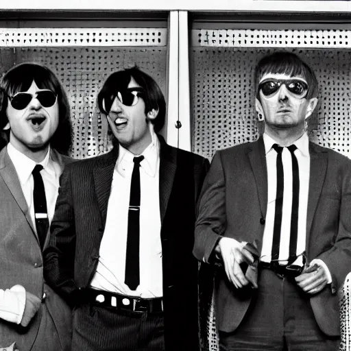 Prompt: A photograph of Saul Goodman, Patrick Bateman, Walter White and Jesse Pinkman as a 1964 Meraeybeat band in the style of The Beatles