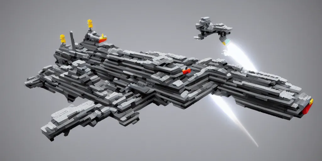 Image similar to gigantic spaceship made with grey legobricks, flying in the galaxy