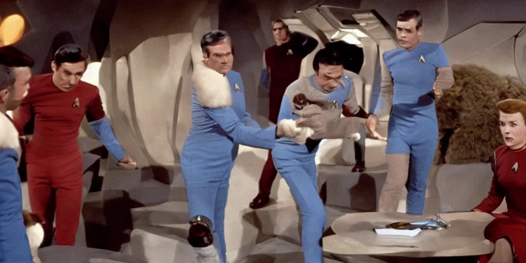 Image similar to a scene from Trouble with Tribbles, an episode of the original Star Trek series