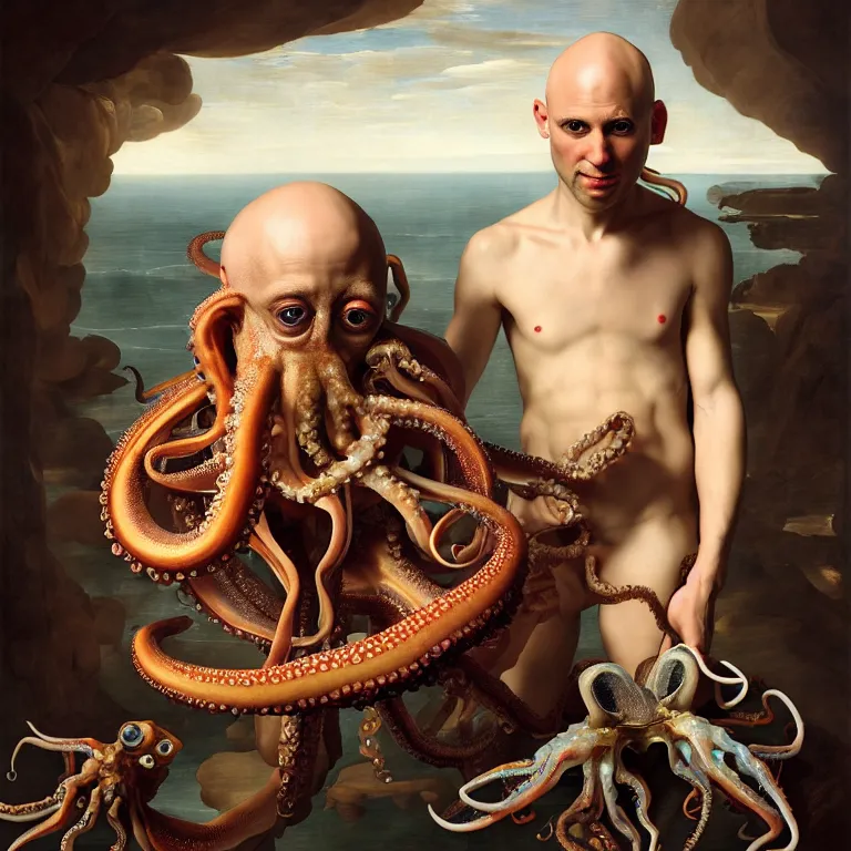 Image similar to young bald man wearing exoskeleton, standing in a shell, holding a squid, octopus, sea in the background, beautiful baroque portrait painting, psychedelic, trippy, hallucination, dream, beautiful detailed intricate insanely detailed octane render trending on Artstation, 8K artistic photography, photorealistic, chiaroscuro, Raphael, Caravaggio