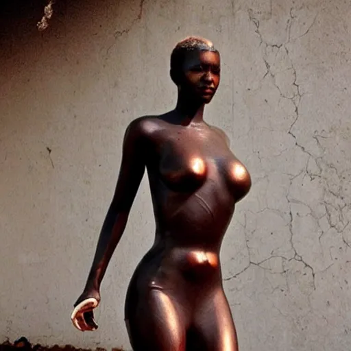 Prompt: beautiful African female cyborg with ultra realistic body sculpted by Richard Serra in Venus